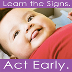 photograph of child, with the words 'Learn the signs, act early' written in purple lettering