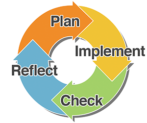 Figure: A four-sectioned feedback wheel. The four sections are labeled: Plan, Implement, Check and Reflect.